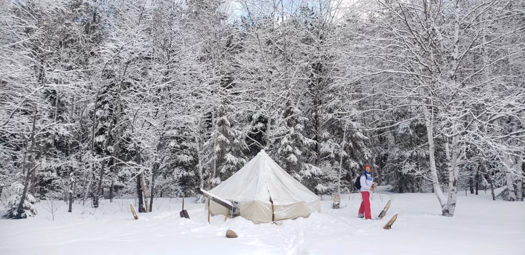 Winter camping in snow