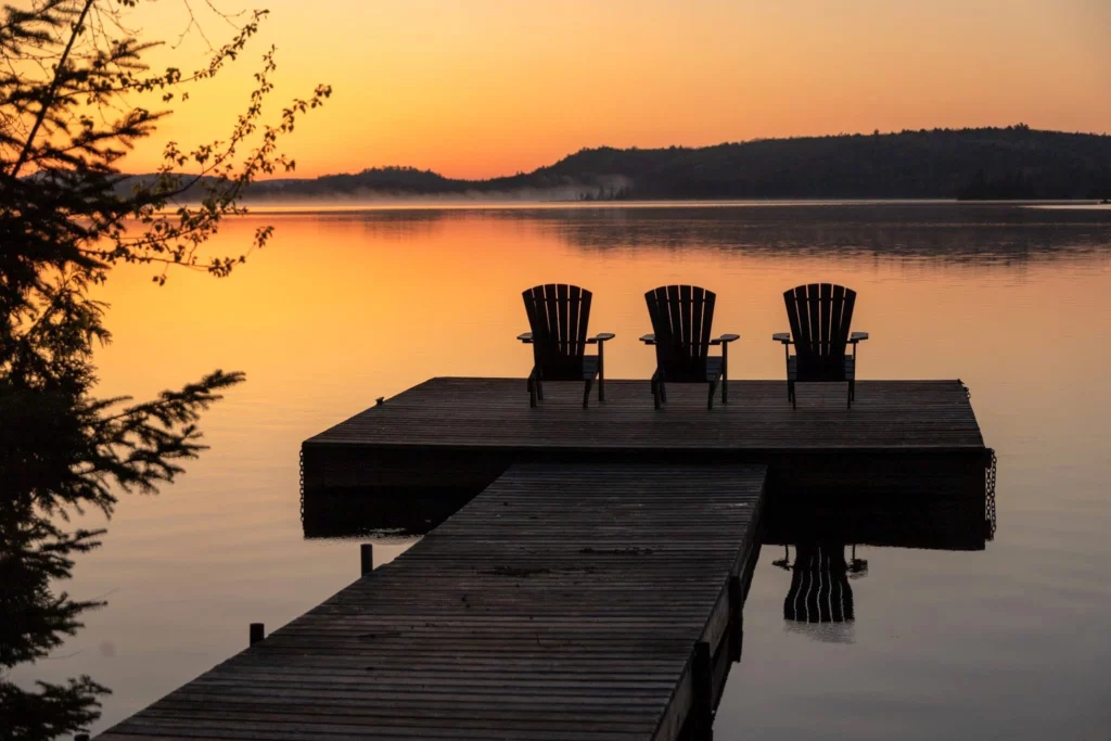 Algonquin Nipissing Cottage Dock looking out towards the Amable du Fond into Algonquin Park