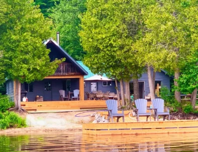 Manitou and Lost Dog cottage view from the dock at Algonquin Park