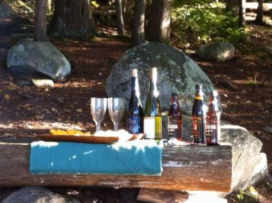 Wine and cheese at a bonfire at Algonquin Park