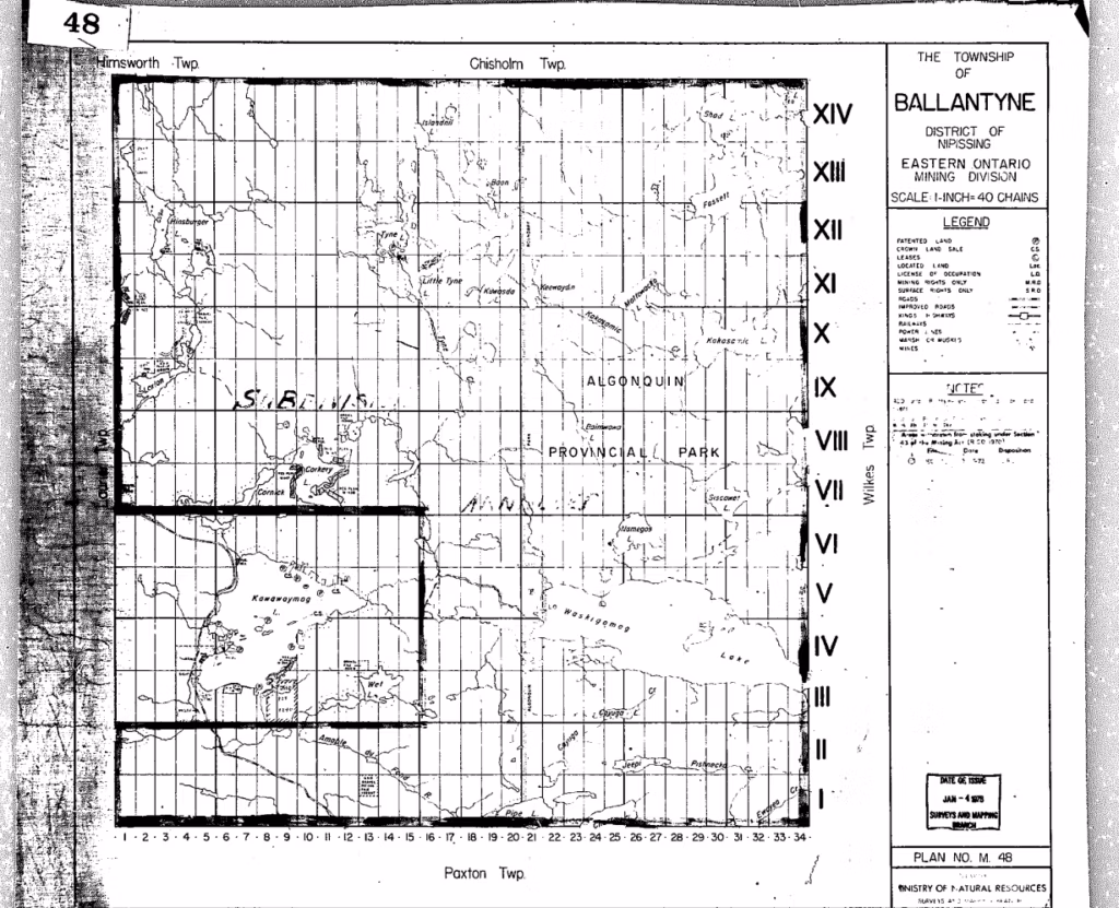 Antique Survey Maps Towniship of Ballantyne, District of Nipissing - area of Log Cabin and Access #1