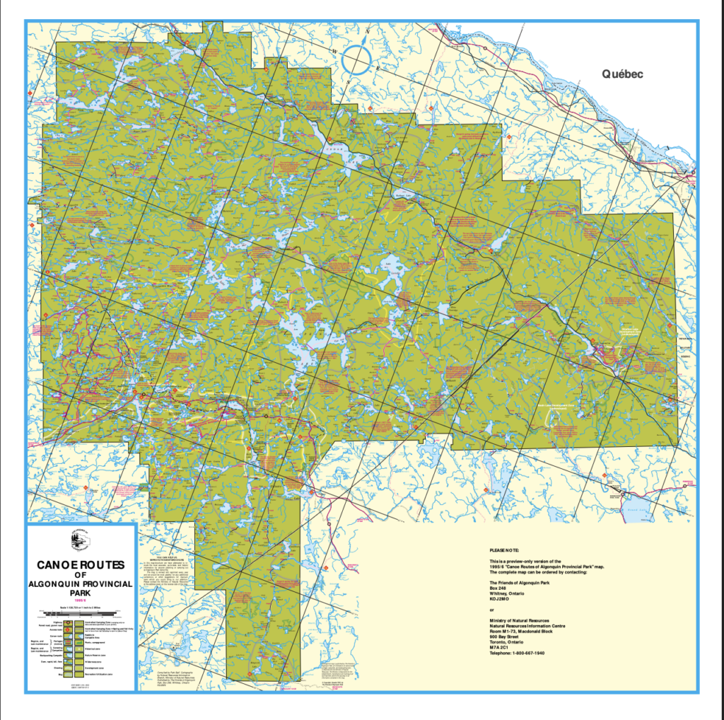 A map of Canoe Routes of Algonquin Provincial Park
