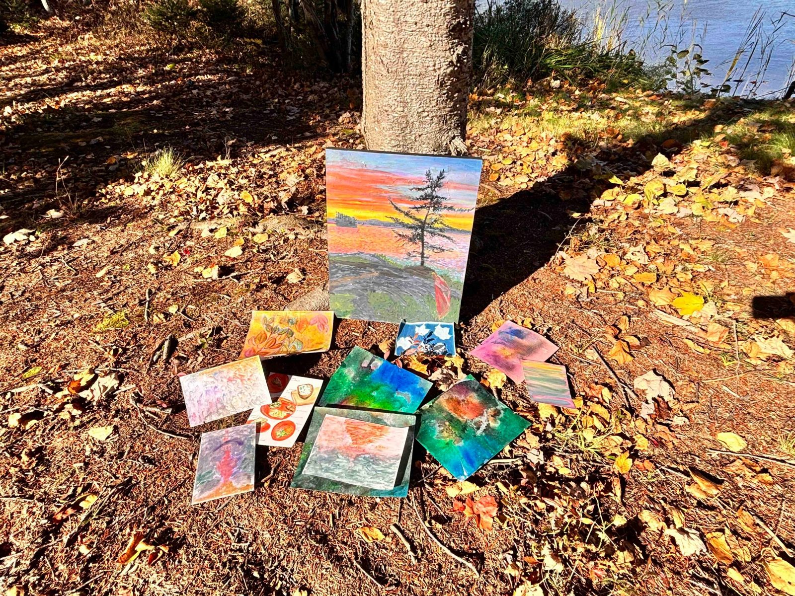Guests’ watercolour and pastel paintings laid out under a tree by an Algonquin lake in fall