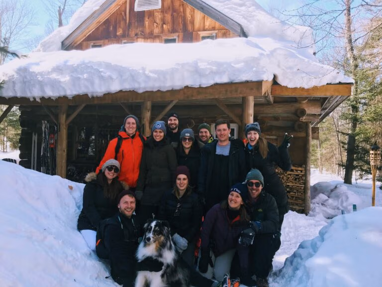 Private group of friends at the Algonquin Log Cabin in winter