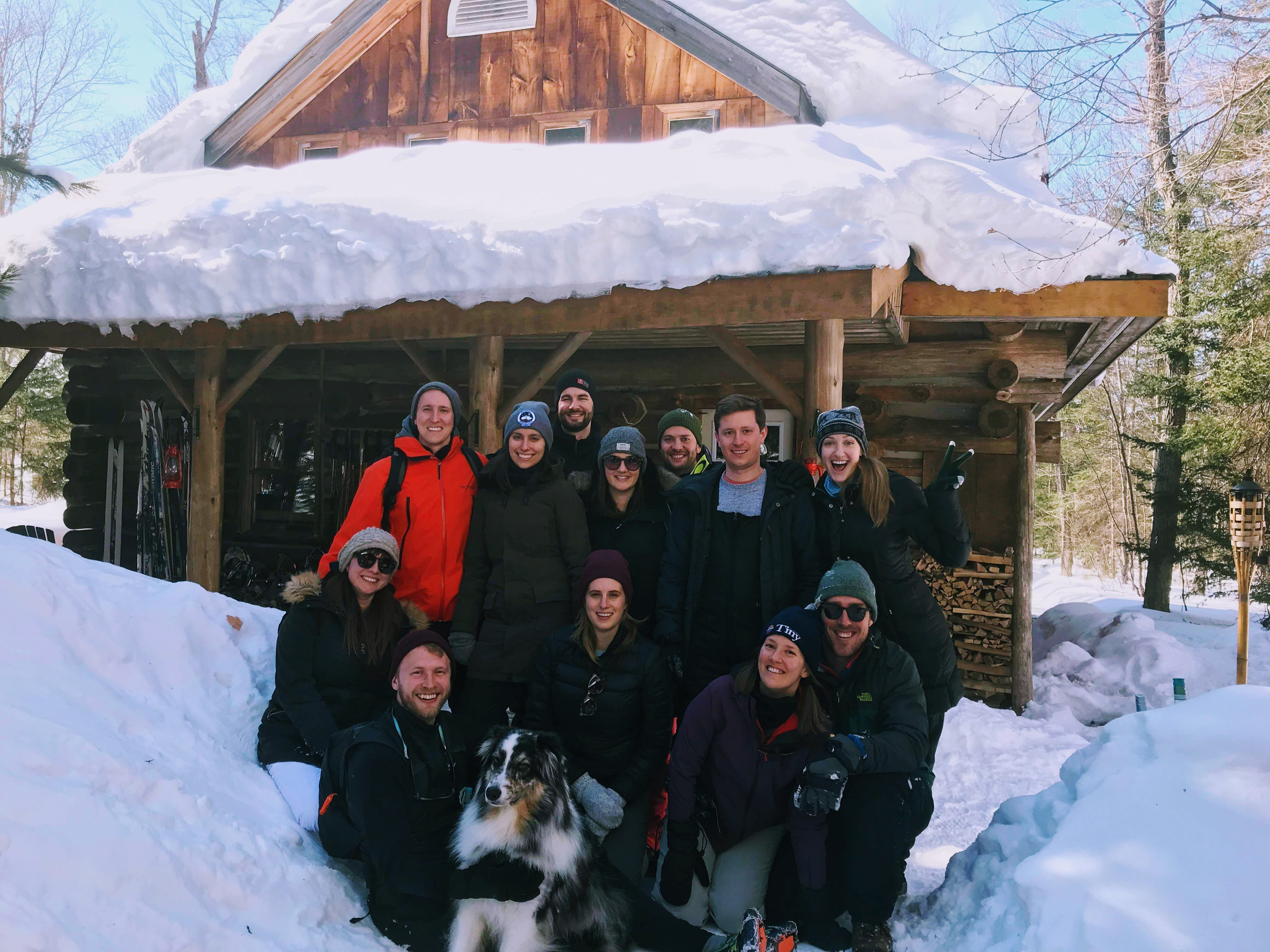 Private group of friends at the Algonquin Log Cabin in winter